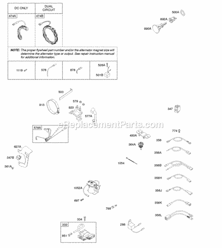 Alternator Ignition Diagram and Parts List for  Briggs and Stratton Engine